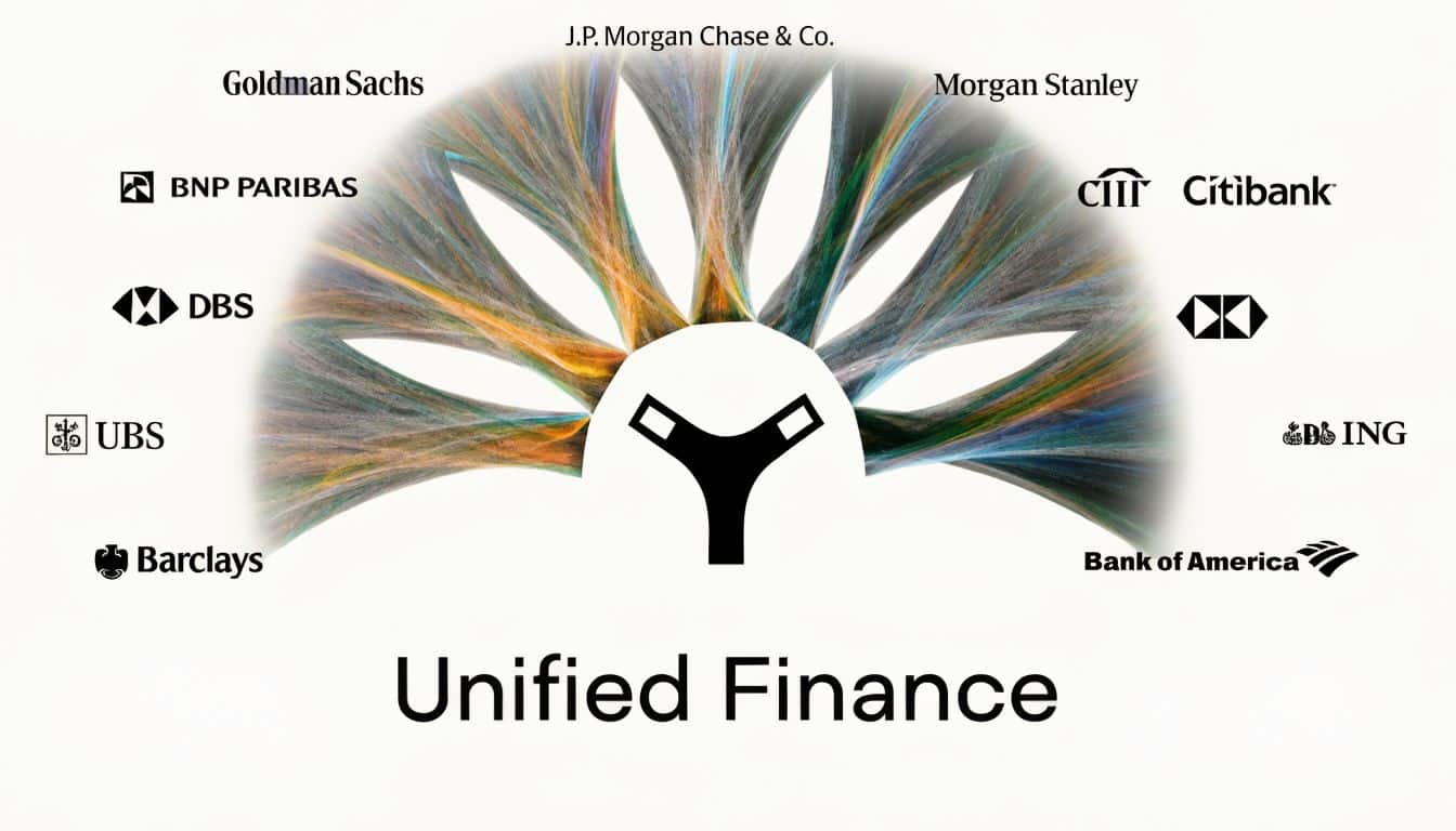 A graphic illustration depicting the concept of Unified Finance connecting major global banking institutions through APIs.