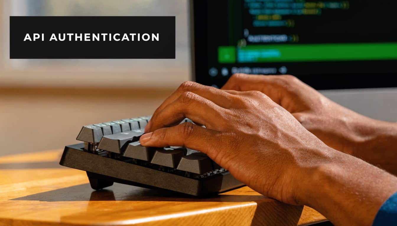 A close-up view of a person typing code on a keyboard during an API authentication task.