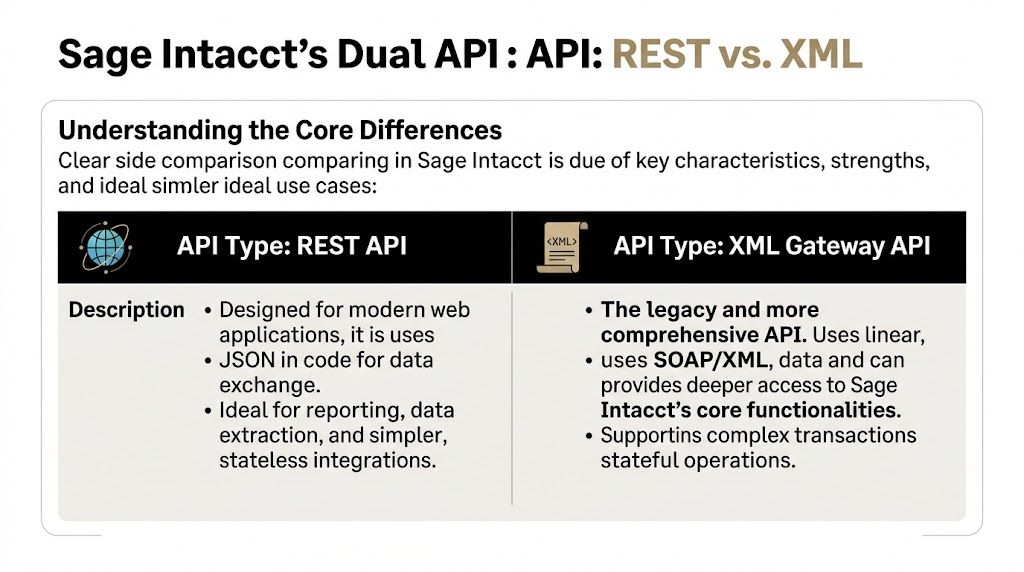 A comparison chart outlining the key differences between Sage Intacct's REST API and XML Gateway API technologies.