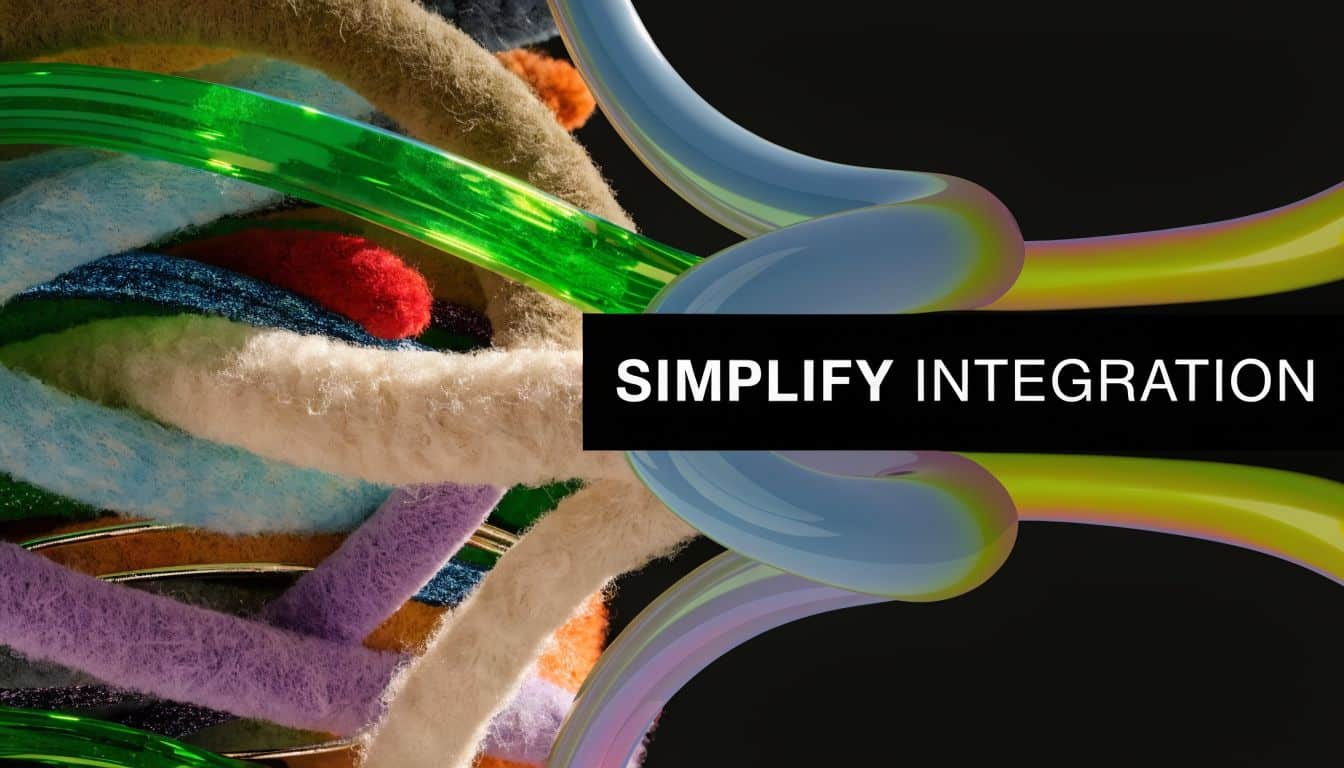 A conceptual digital illustration showing tangled yarn connecting into sleek, smooth, joined technological conduits on black.