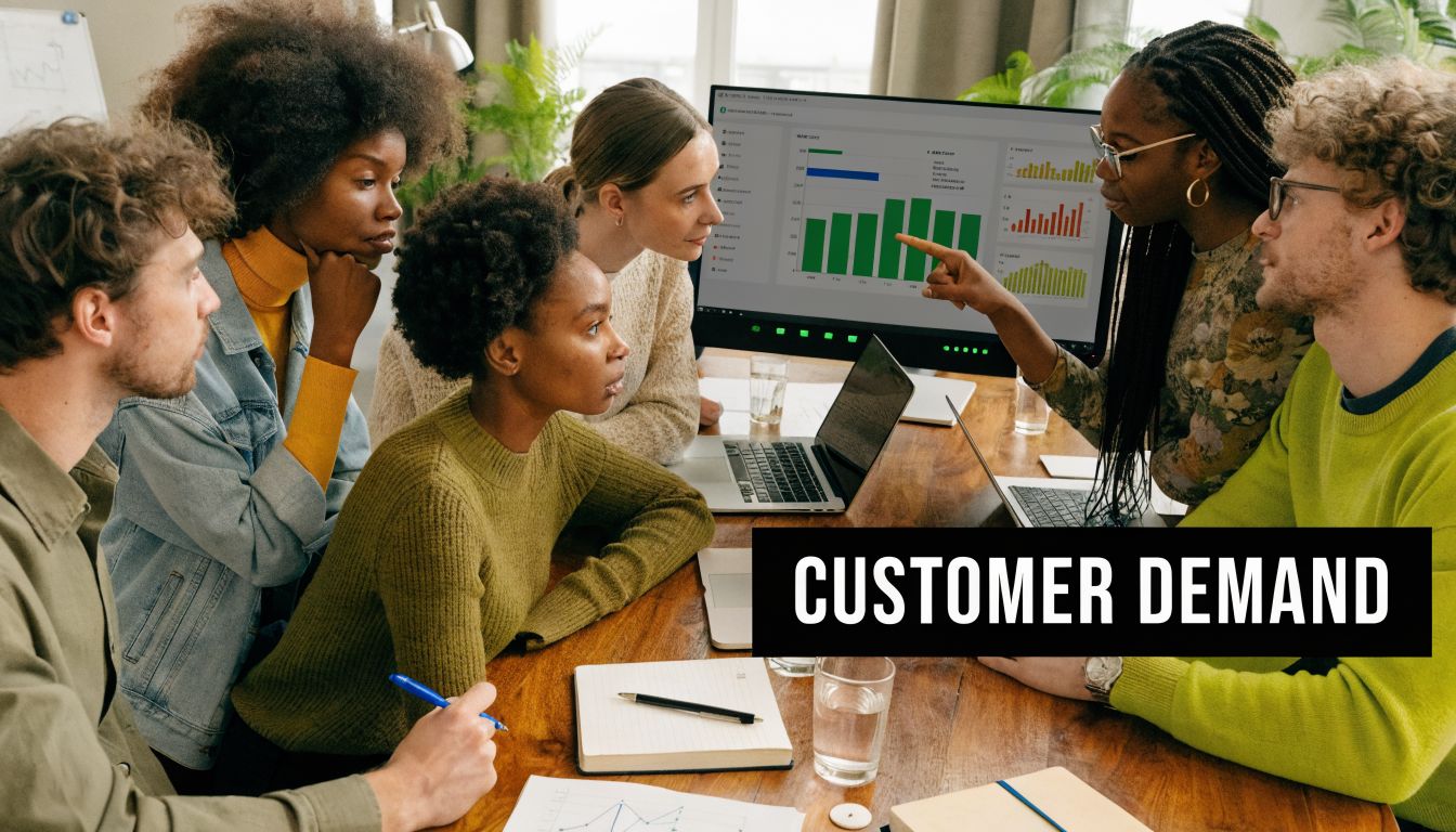A diverse group of colleagues collaborating around a table while analyzing data on a computer screen together.