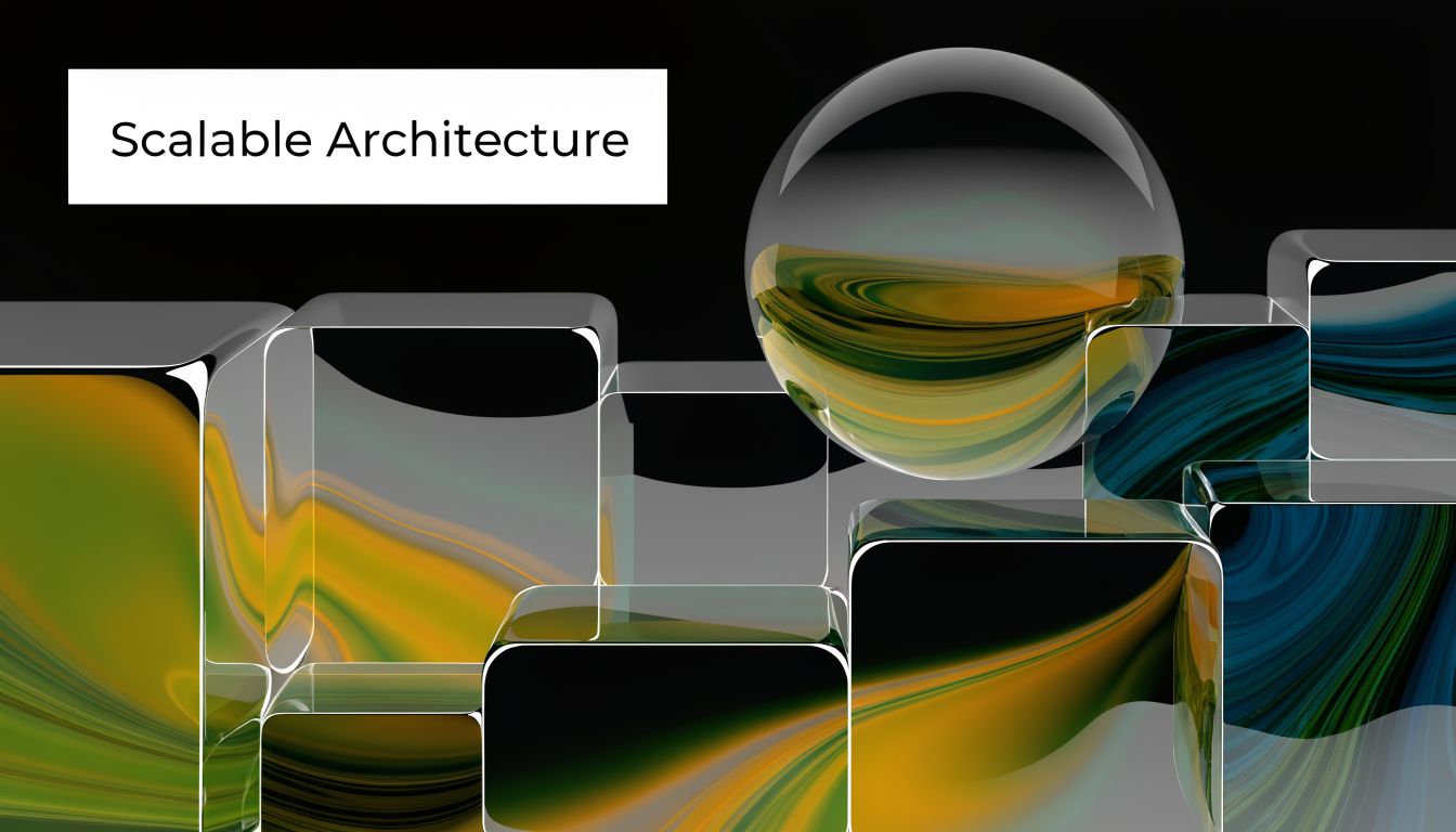 A modern 3D abstract composition featuring glass cubes and a sphere reflecting gold and blue fluid colors.