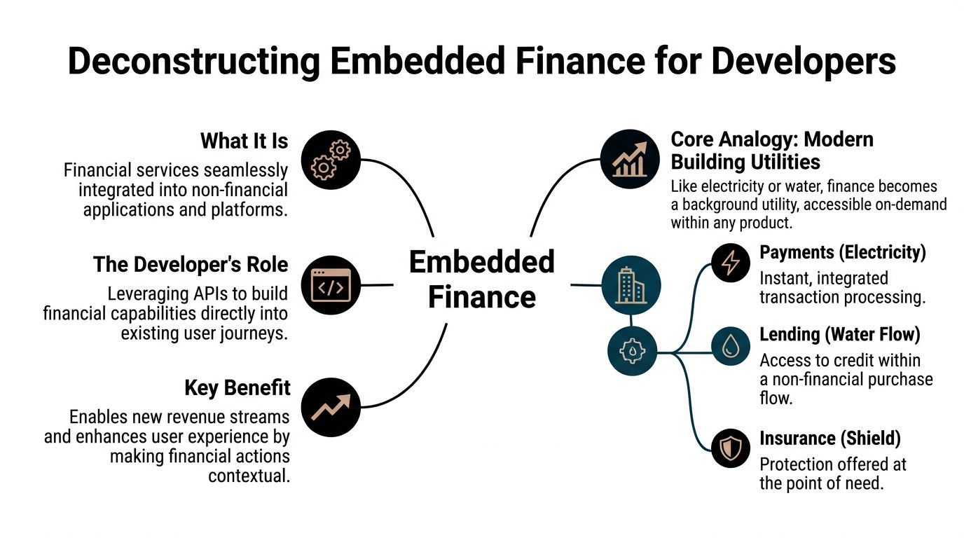 A diagram titled Deconstructing Embedded Finance for Developers explaining its definition, developer roles, benefits, and key utility components.