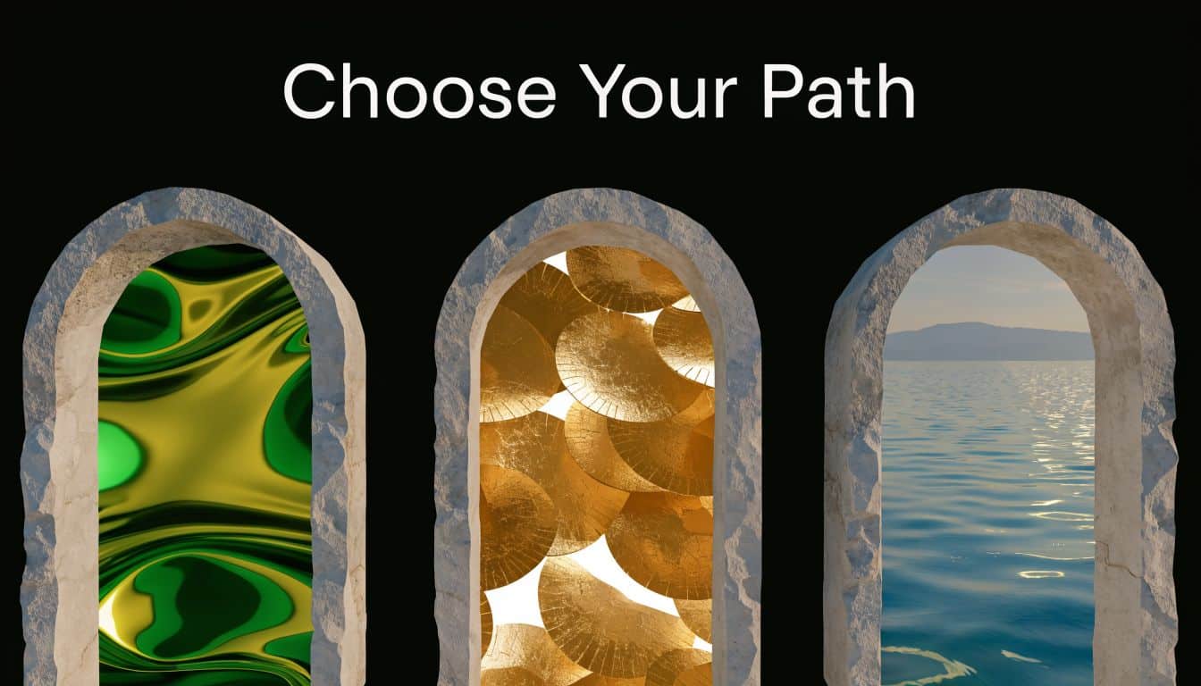 Three stone archways standing against a black background, each revealing a different landscape through the opening.