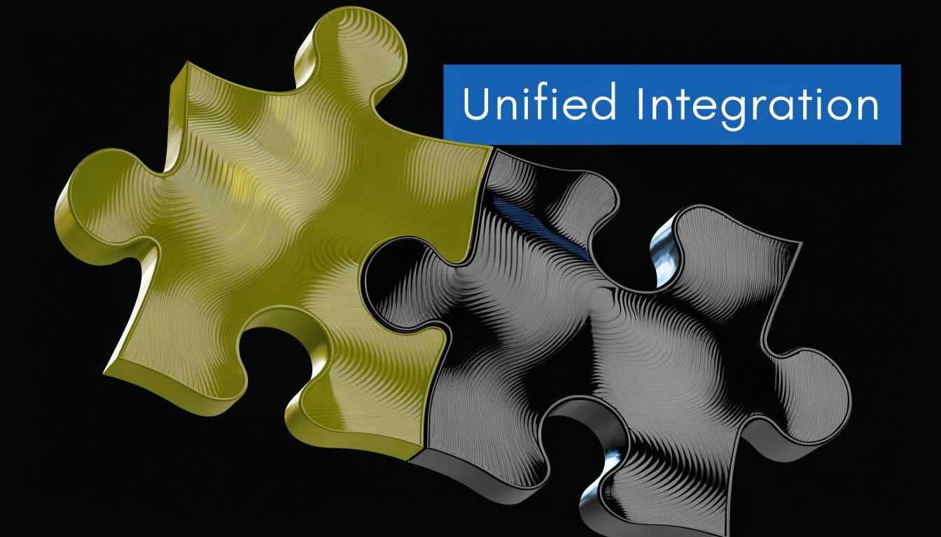 A yellow and black puzzle piece fitting together against a black background with the text Unified Integration.