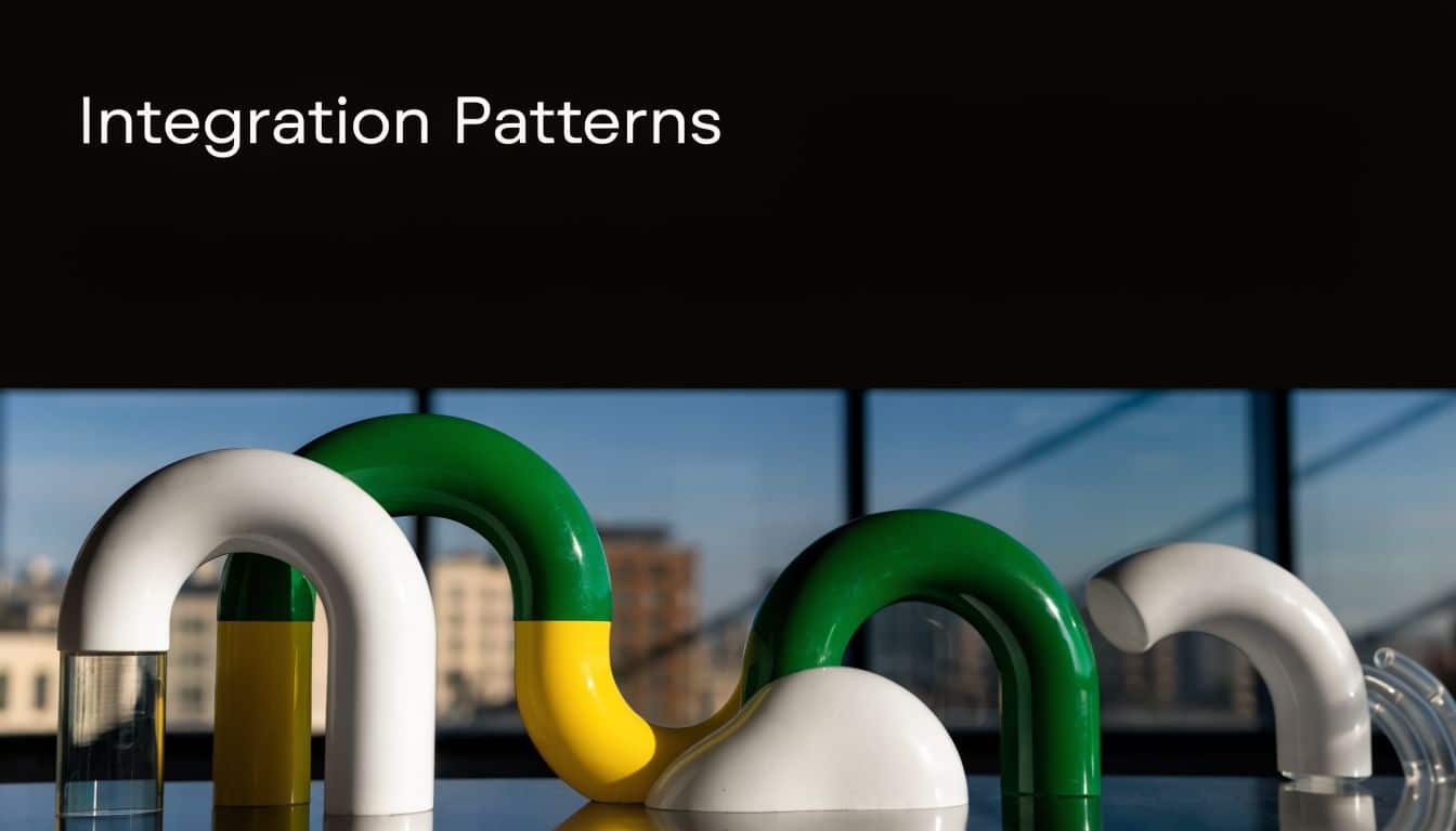 Abstract sculptural forms with white, green, and yellow curved tubes arranged against a blurred urban background.