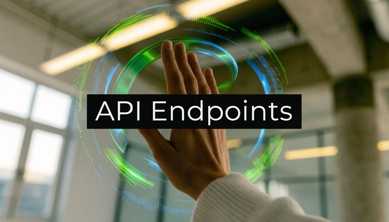 A person reaches out to interact with a digital, glowing holographic display showing API Endpoints text.