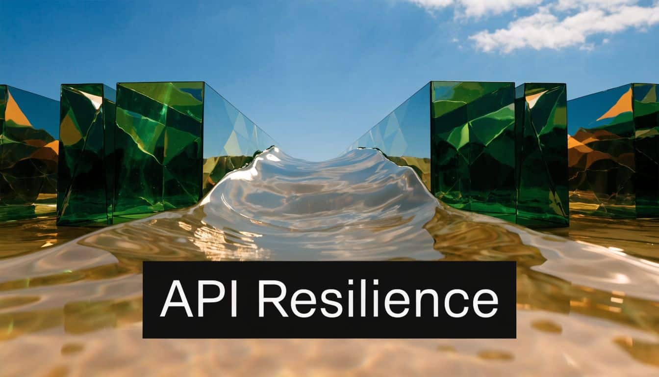 A flowing golden liquid surface between reflective green glass panels under a bright blue sky.