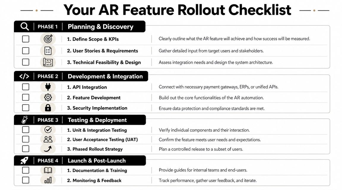 A structured AR feature rollout checklist outlining four key phases for implementing automated accounts receivable processes successfully.