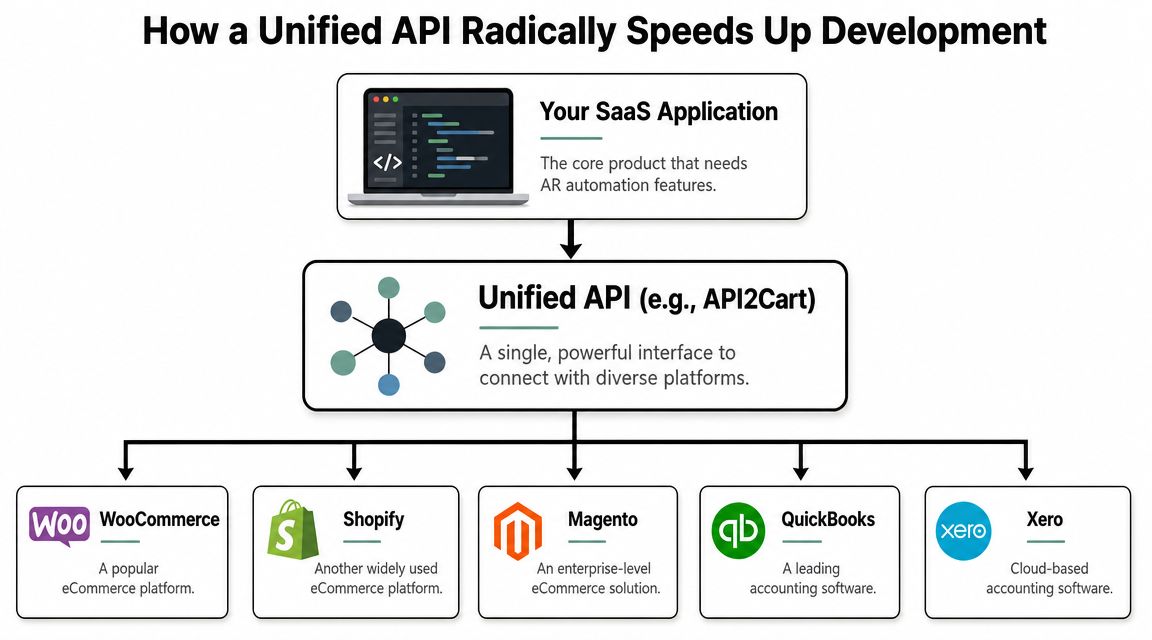 A diagram illustrating how a unified API connects a SaaS application to multiple eCommerce and accounting platforms.