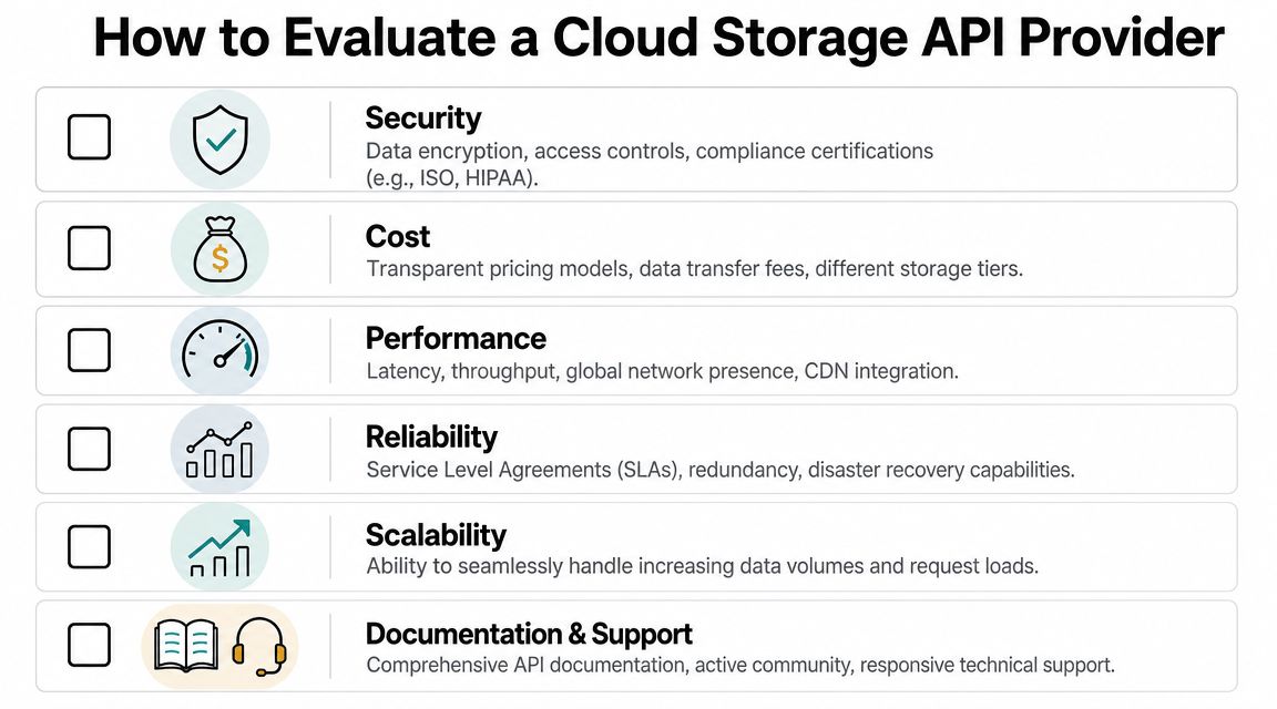 A checklist infographic detailing key factors for evaluating a cloud storage API provider, including security and cost.