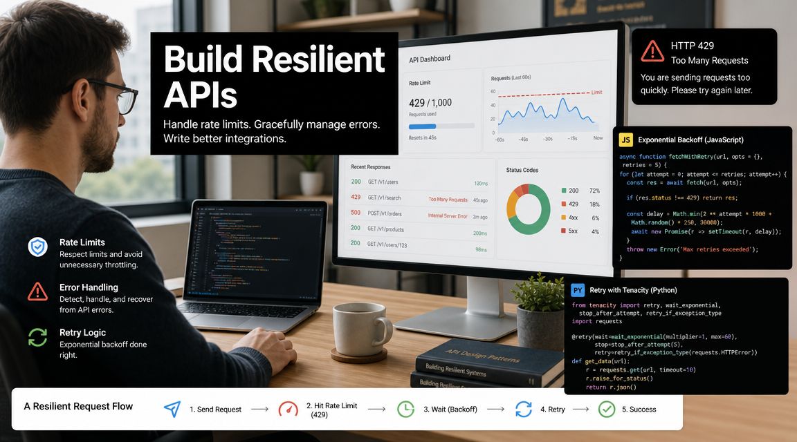 A developer working on a laptop and monitor displaying API dashboard, error handling, and code examples.