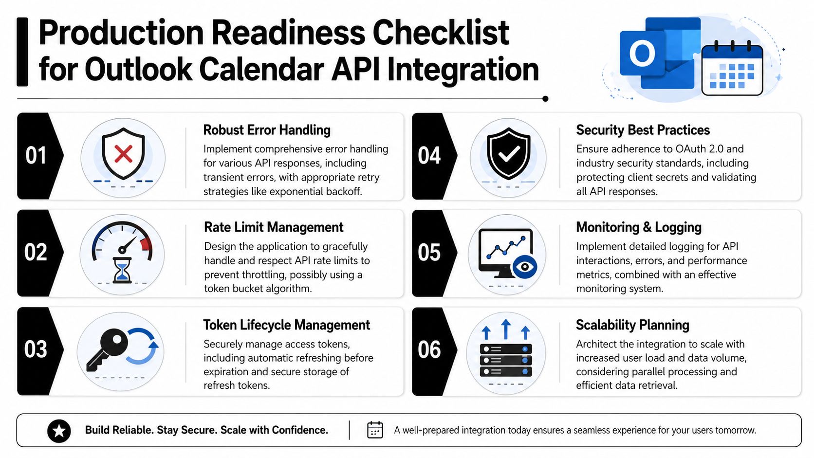 A checklist for Outlook Calendar API integration covering error handling, rate limits, security, and scalability.