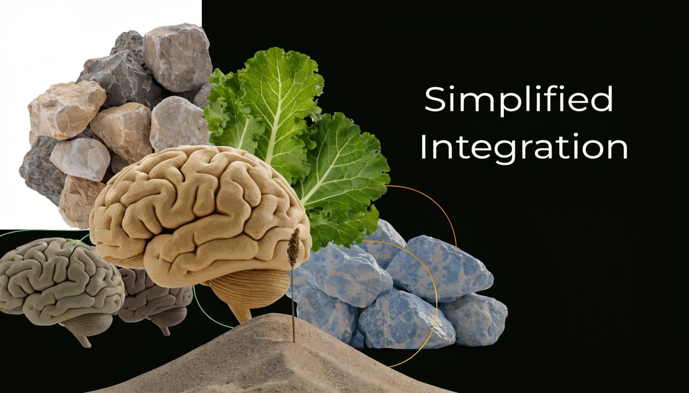 A conceptual image featuring human brain models, stones, and a leafy green plant on sand.