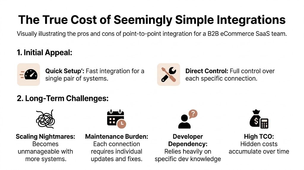An infographic detailing the pros and cons of point-to-point integration for B2B eCommerce SaaS teams.