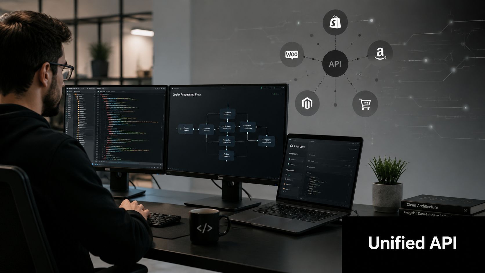 A developer working on multiple screens with a visual diagram illustrating unified API point to point integration.