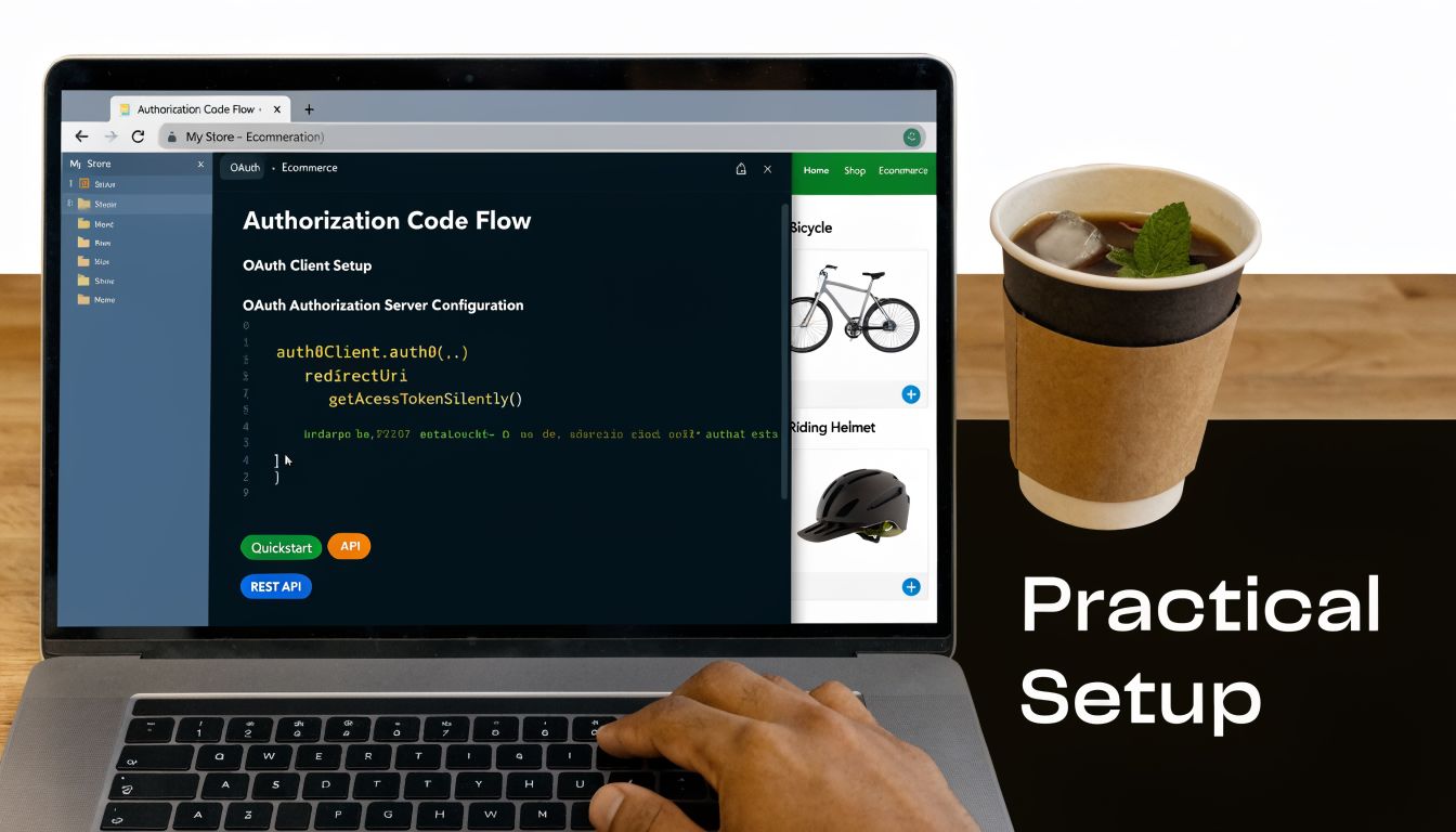 A person using a laptop to configure OAuth settings for an e-commerce website with coffee nearby.