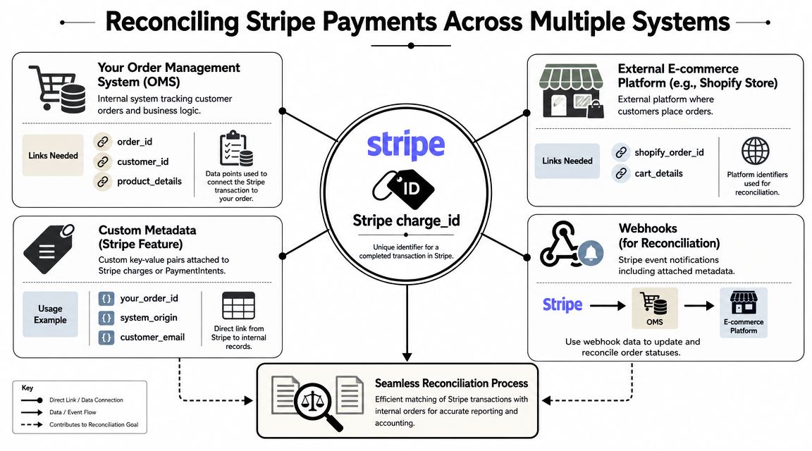 A diagram illustrating the process of reconciling Stripe payment transactions across multiple business systems and platforms.
