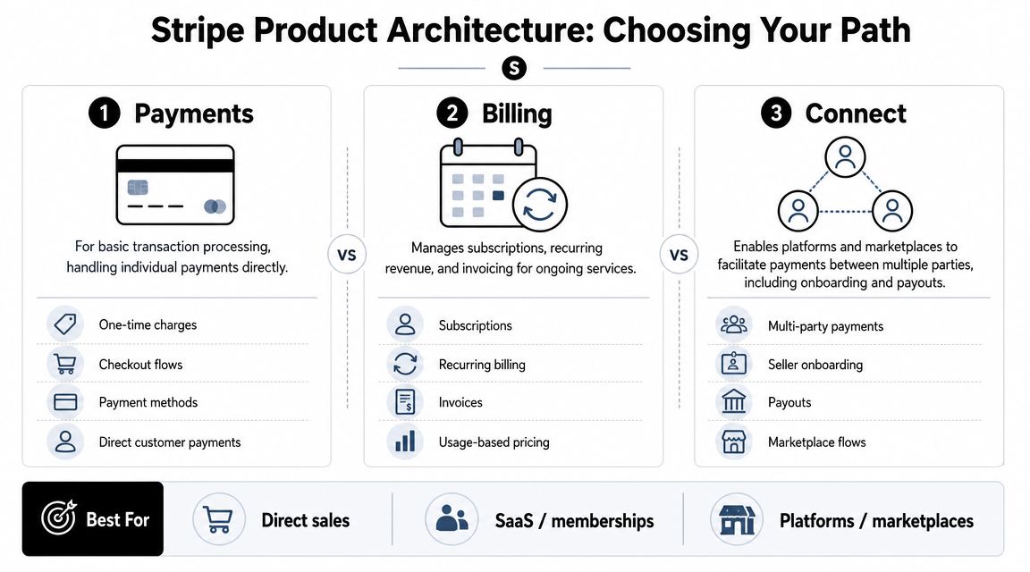 A diagram illustrating Stripe product architecture, comparing Payments, Billing, and Connect solutions for various business models.