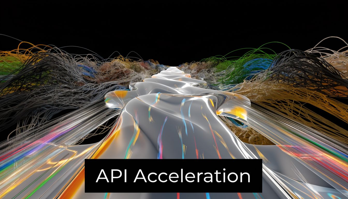 A digital abstract visualization of smooth flowing silver ribbons surrounded by colorful tangled fiber optic lines.