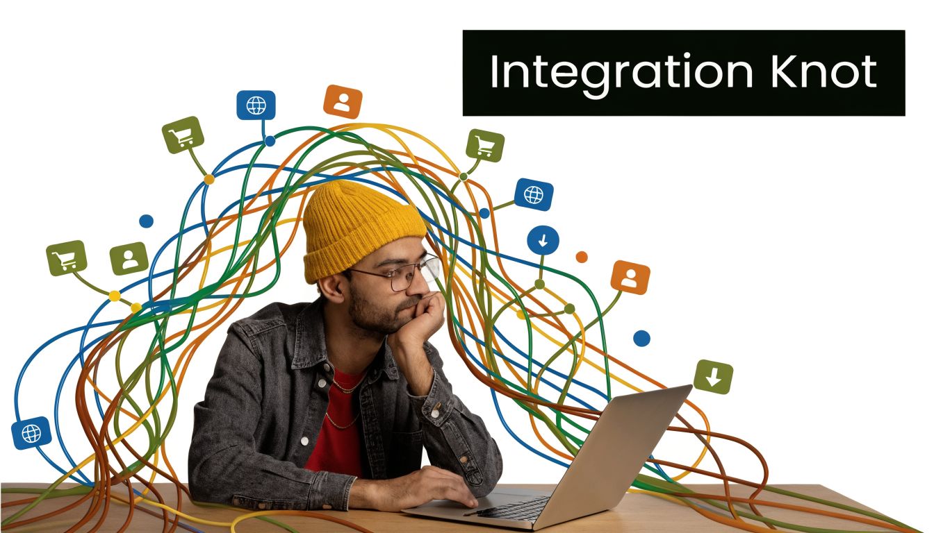 A person sitting at a laptop surrounded by a complex tangle of colorful cables and digital icons.