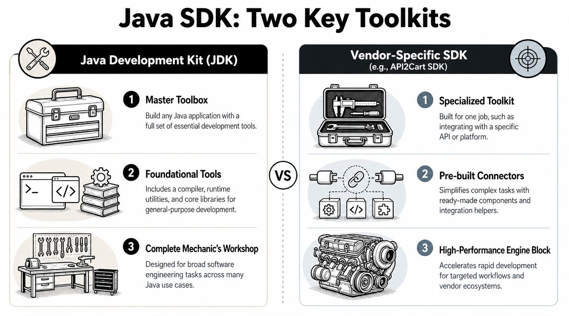 An infographic comparison between the general-purpose Java Development Kit and vendor-specific software development kits for programming.
