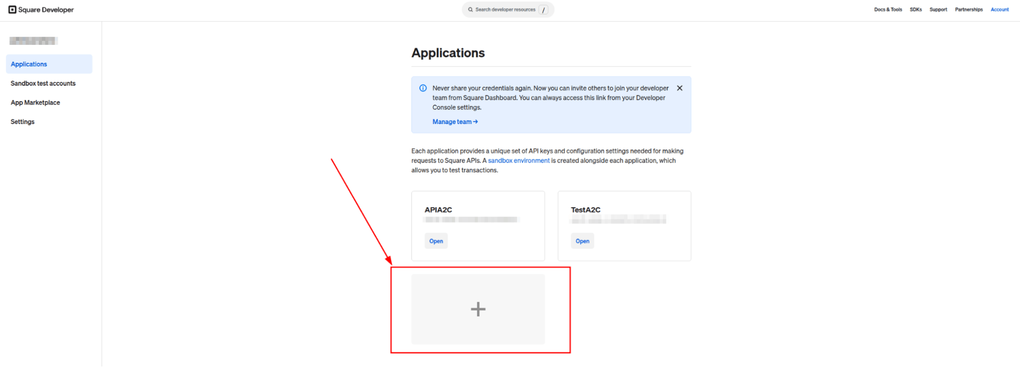 Create new application in Square Developer Console for API2Cart integration