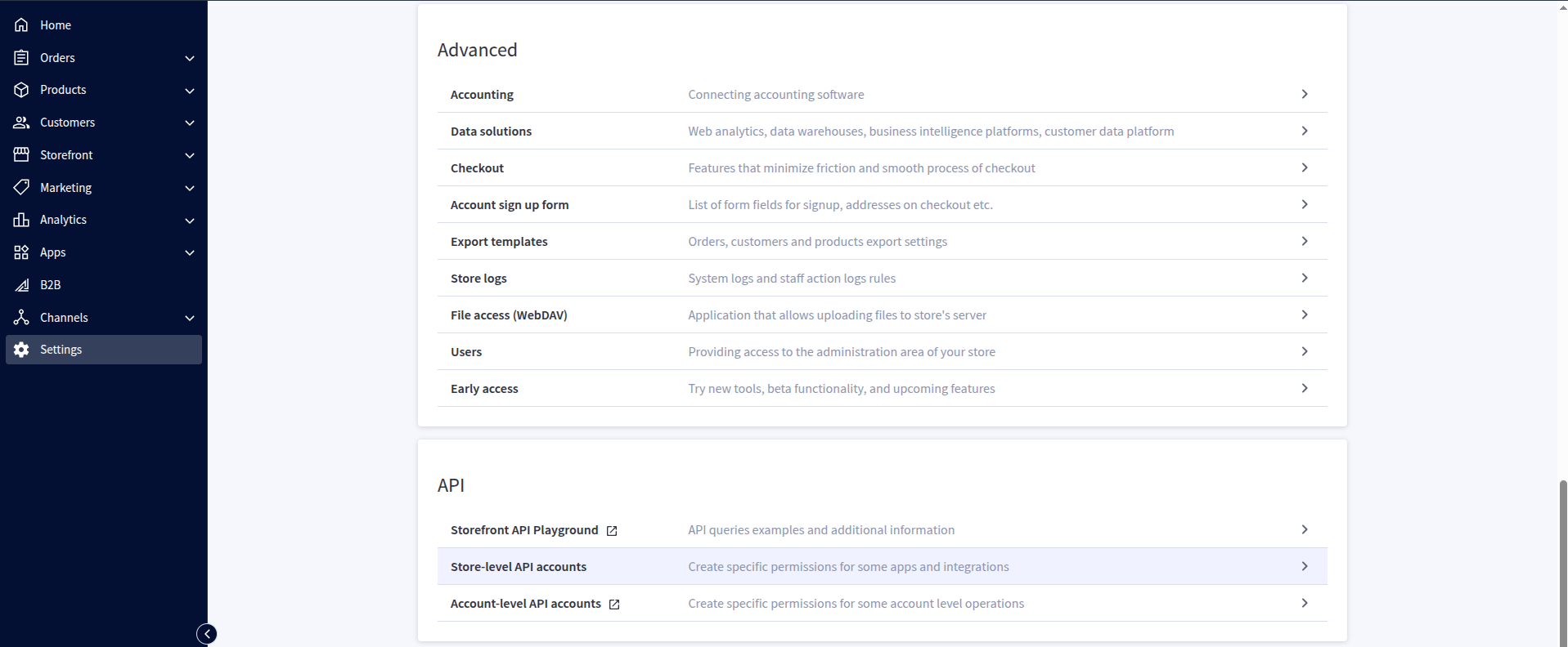 Open Store-level API accounts in the BigCommerce control panel