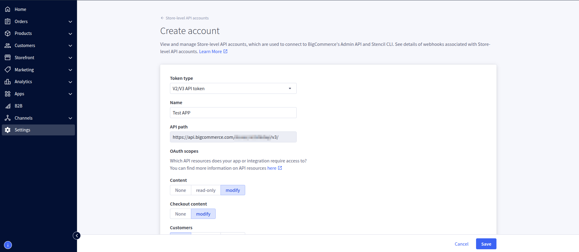 Create a BigCommerce V2/V3 API token and configure OAuth scopes
